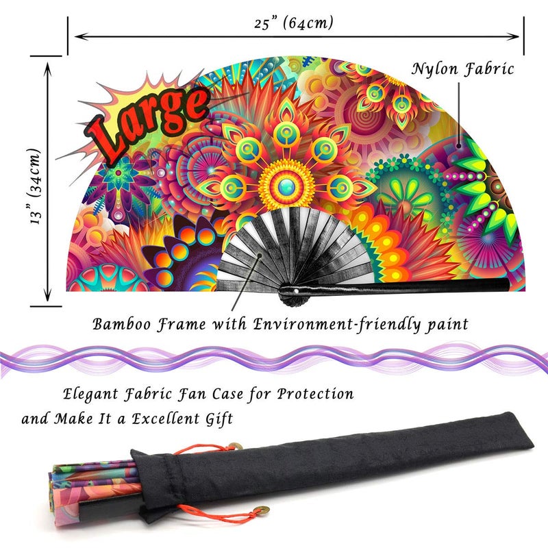 Zolee Large Rave Folding Hand Fan with Bamboo Ribs for Men/Women - Chinese Japanese Handheld Fan with Fabric Case - for Dance Music Festival Party, Performance, Decorations, Gift (Sun Flower) - Image 5